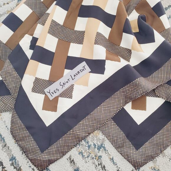 VTG Yves Saint Laurent Print Scarf 33" SQ Brown Stripes Pattern Head Scarf Silk? - Picture 10 of 10